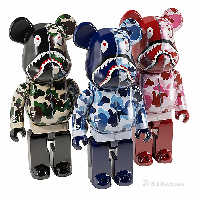 Colorful Bearbrick Collectible Figures With Camouflage Patterns And Shark Mouth Design 3d model 