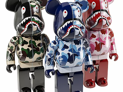 Colorful Bearbrick Collectible Figures With Camouflage Patterns And Shark Mouth Design 3d model