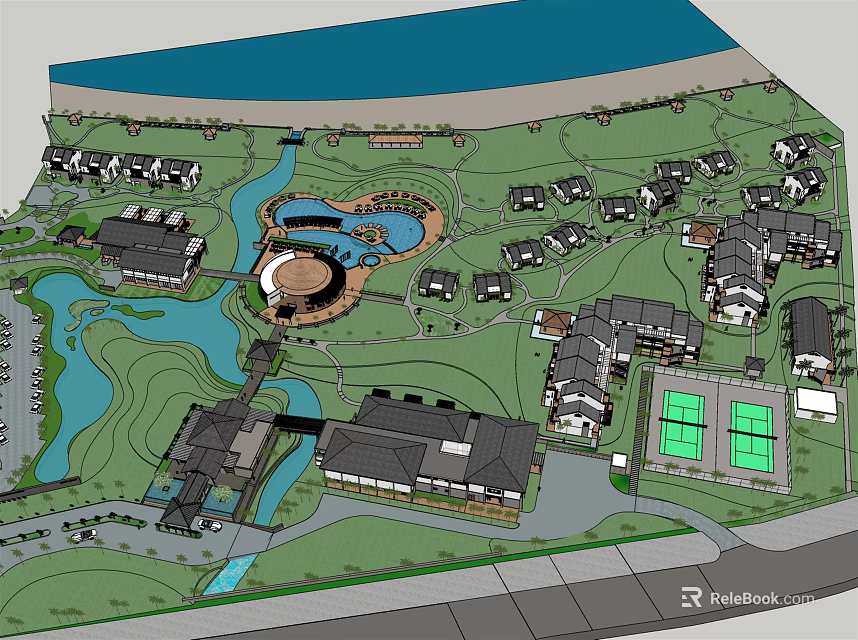 Scenic Vacation Villa Community with Riverside Green Area and Tennis Court 3d model 