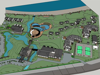 Scenic Vacation Villa Community with Riverside Green Area and Tennis Court 3d model
