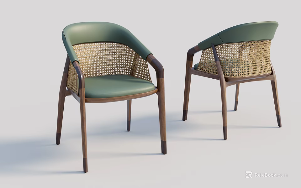 Modern Dining Chairs With Green Cushioned Seat Rattan Backrest And Wooden Legs 3d model 