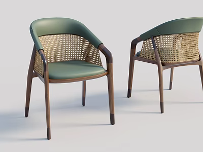 Modern Dining Chairs With Green Cushioned Seat Rattan Backrest And Wooden Legs 3d model