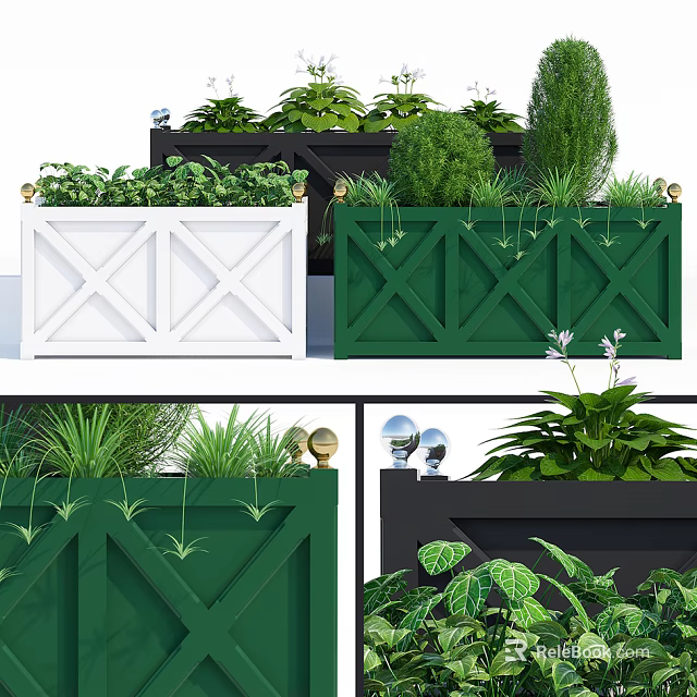Garden Planter Boxes X Shaped Design White Green Black With Green Plants Decorative Golden Balls 3d model 