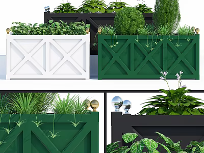 Garden Planter Boxes X Shaped Design White Green Black With Green Plants Decorative Golden Balls 3d model