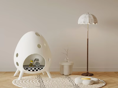 Egg Shaped White Single Sofa With Pet Inside Floor Lamp And Round Rug 3d model