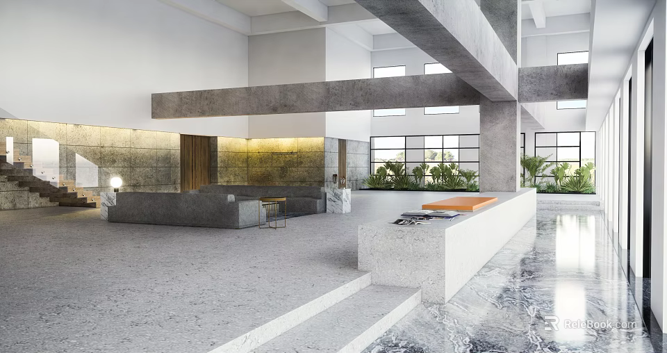 Modern Hotel Lobby Interior Design With Concrete Beams Large Windows And Green Plants 3d model 