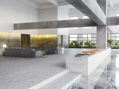 Modern Hotel Lobby Interior Design With Concrete Beams Large Windows And Green Plants 3d model
