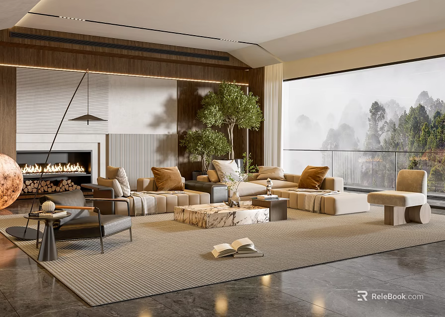 Modern Living Room Interior Design With Sofa Fireplace Large Window And Green Plant 3d model 