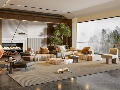 Modern Living Room Interior Design With Sofa Fireplace Large Window And Green Plant 3d model