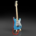 Vibrant Blue Gradient Electric Guitar with Red Accent Painted Art Design on Black Stand