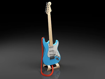 Vibrant Blue Gradient Electric Guitar with Red Accent Painted Art Design on Black Stand 3d model