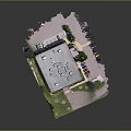 Cartoon Scene Aerial View of Building with Parking Lot Trees and Green Lawn Areas