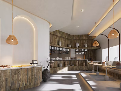 Modern Tea House Interior Design With Wooden Walls Clay Pots Rattan Lights And Arched Accents 3d model
