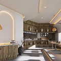 Modern Tea House Interior Design With Wooden Walls Clay Pots Rattan Lights And Arched Accents