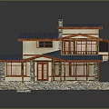 Modern Residential House With Multiple Blue Roofs Wooden Eaves Stone Base And Balcony