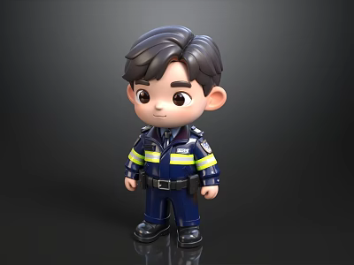 Cartoon Man in Blue Uniform with Yellow Reflective Stripes as Police Officer Character 3d model
