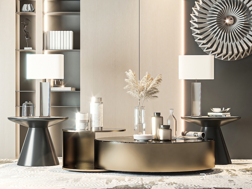 Modern Luxury Coffee Table With Marble Top Metal Frame And Decorative Table Lamps 3d model 