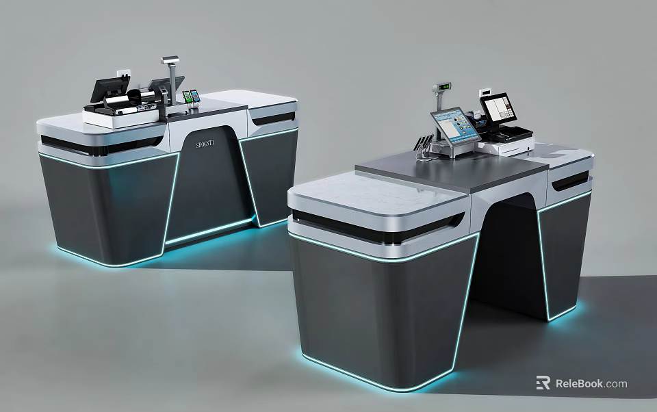 Modern Checkout Counter Design with Cash Register Display Screen LED Lighting and Sleek Countertop 3d model 