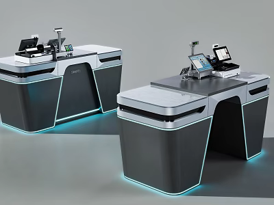 Modern Checkout Counter Design with Cash Register Display Screen LED Lighting and Sleek Countertop 3d model