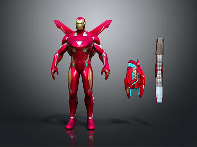 Iron Man 3D Model With Red And Gold Armor Back Wings And Accessories 3d model