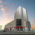 Modern High Rise Commercial Complex with Glass Facade Retail Area and Sunset Sky View