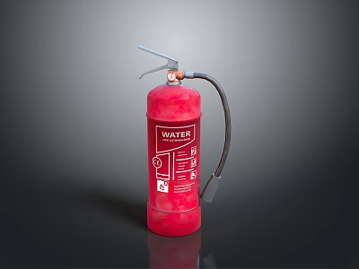 Red Water Fire Extinguisher On Dark Surface With Safety Instruction Label 3d model