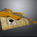 Yellow Violin Placed On Vintage Sheet Music With Small Black Cup