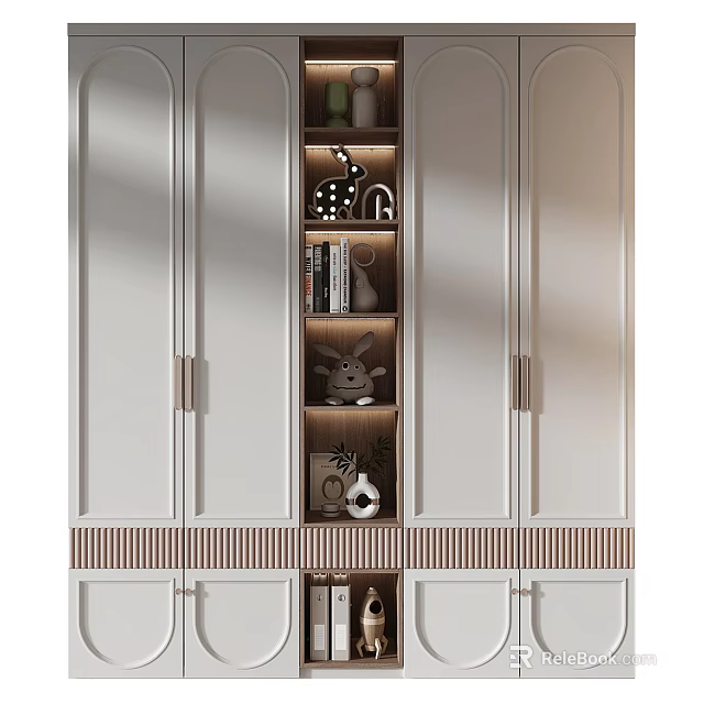 Modern White Bookcase Interior Design With Layered Shelves Metal Handles And Decorative Items 3d model 
