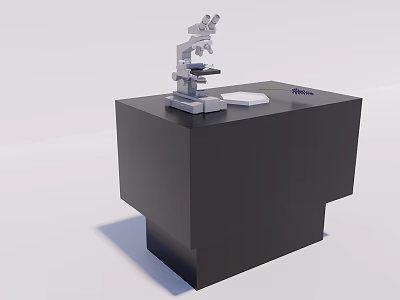Black Functional Table with Microscope and White Circular Object for Laboratory Work 3d model