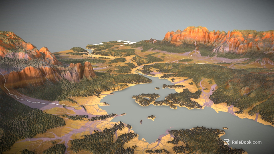 Scenic Mountain Landscape With Red Rock Peaks Lake And Forested Valleys 3d model 