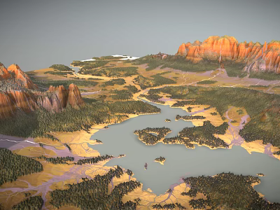 Scenic Mountain Landscape With Red Rock Peaks Lake And Forested Valleys 3d model