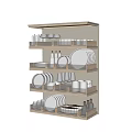 Organized Dinnerware Set With Plates Mugs Glasses Bottles On Multi Tiered Shelves