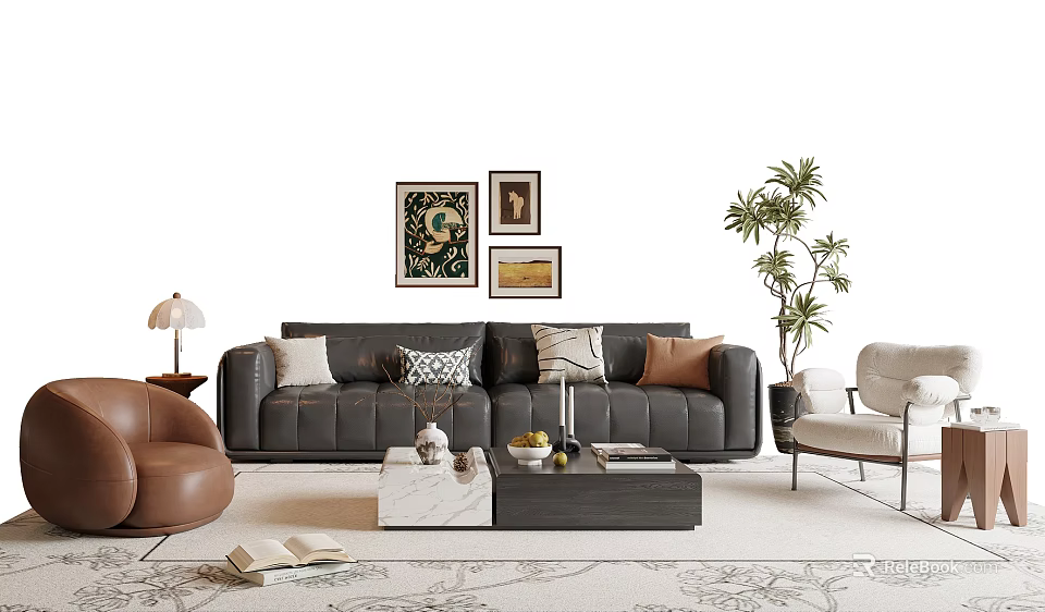 Modern Gray Sofa And Coffee Table Set With Throw Pillows Decorative Paintings And Potted Plant 3d model 