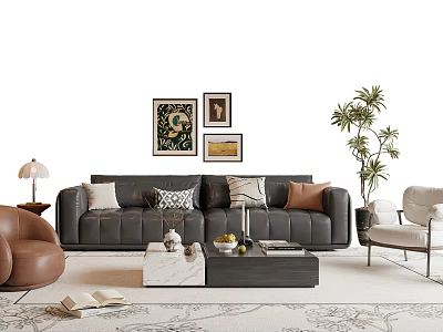 Modern Gray Sofa And Coffee Table Set With Throw Pillows Decorative Paintings And Potted Plant 3d model