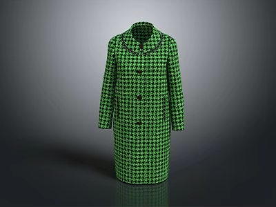 Green Houndstooth Single Breasted Long Coat with Classic Collar and Wool Blend Fabric 3d model