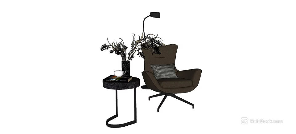 Brown Armchair With Black Side Table Vase Plants And Floor Lamp 3d model 