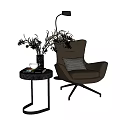 Brown Armchair With Black Side Table Vase Plants And Floor Lamp