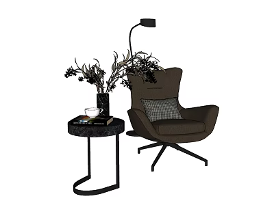 Brown Armchair With Black Side Table Vase Plants And Floor Lamp 3d model