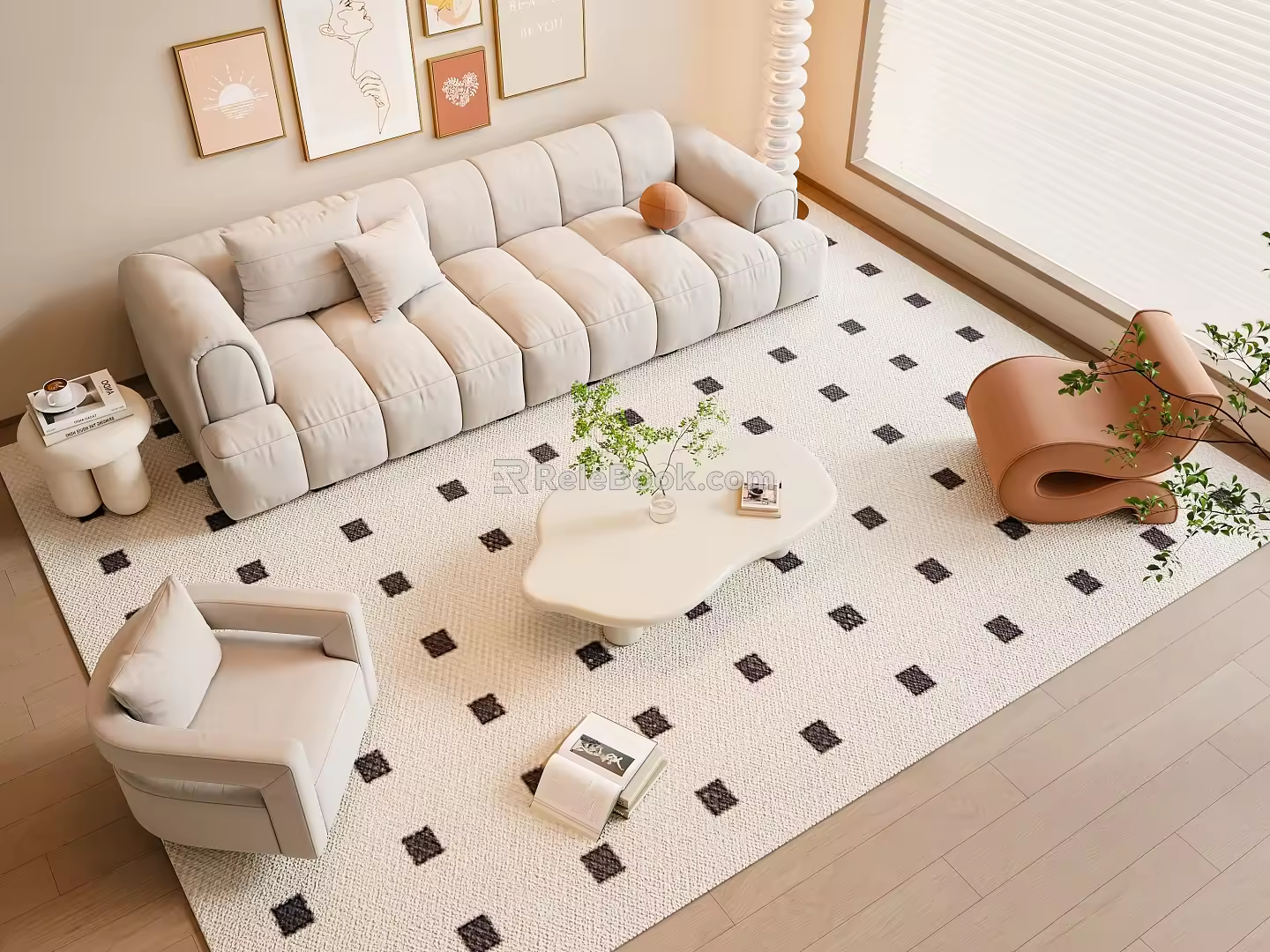 Modern Cream Style Sofa Coffee Table Combination Multiplayer Sofa Single Person Sofa Hanging Picture Floor Lamp 3d model