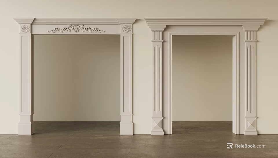 White Door Arches With Carved Details And Columns Against Light Walls Dark Flooring 3d model 