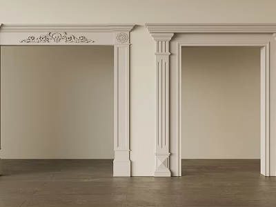 White Door Arches With Carved Details And Columns Against Light Walls Dark Flooring 3d model