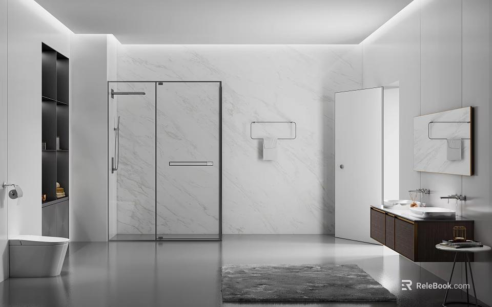 Modern Bathroom Interior Design With Glass Shower Door Marble Wall And Vanity Mirror 3d model 