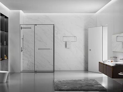 Modern Bathroom Interior Design With Glass Shower Door Marble Wall And Vanity Mirror 3d model