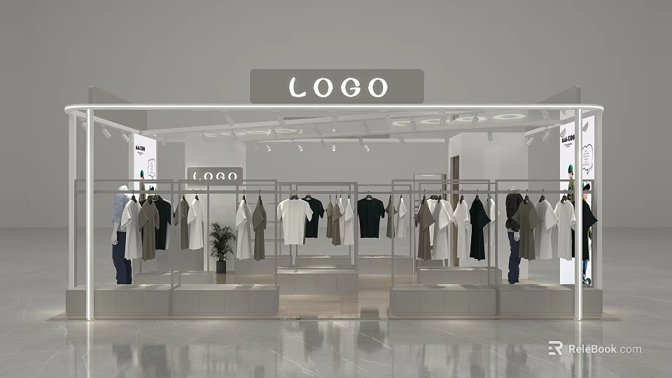 Modern Fashion Clothing Store Featuring Hanging Apparel Display Racks And Logo Sign 3d model 