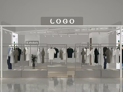 Modern Fashion Clothing Store Featuring Hanging Apparel Display Racks And Logo Sign 3d model