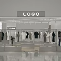 Modern Fashion Clothing Store Featuring Hanging Apparel Display Racks And Logo Sign