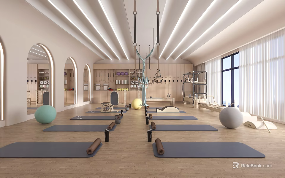 Spacious Yoga Studio Interior With Yoga Mats Fitness Equipment And Bright Lighting 3d model 