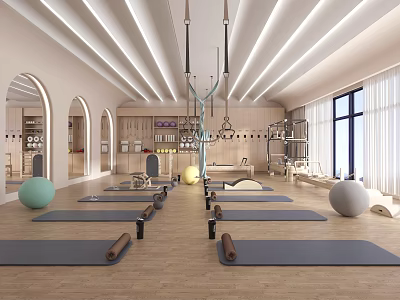 Spacious Yoga Studio Interior With Yoga Mats Fitness Equipment And Bright Lighting 3d model