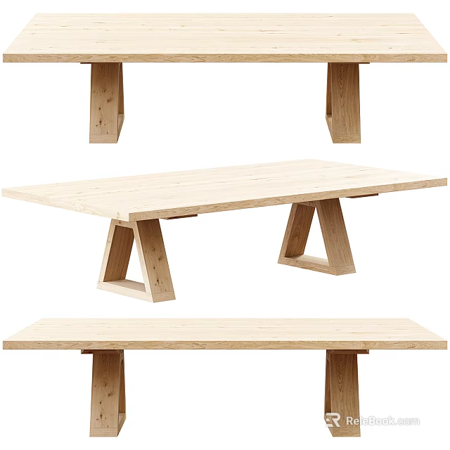 Simple Minimalist Wooden Dining Table With Triangular Legs And Smooth Natural Tabletop 3d model 