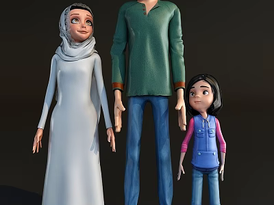 Animated Game Movie Family Characters with Headscarf White Robe Green Shirt and Pink Vest 3d model
